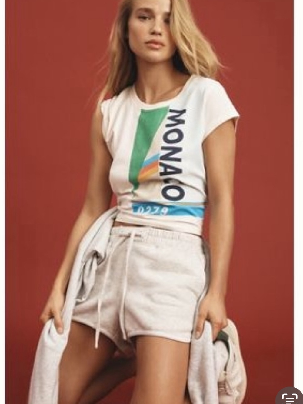 Anthropologie White Monaco Graphic Crop Tee with Green, Blue and Orange Accents